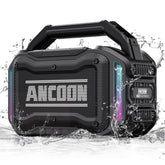 ANCOON front angled boombox showing rugged casing and speaker grills for powerful sound