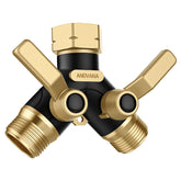 ANDVANA front view of full-metal hose splitter showing dual outlets and benefits