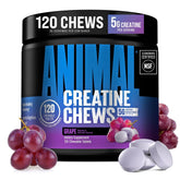Animal creatine chewable bottle front view showing grape label and benefits