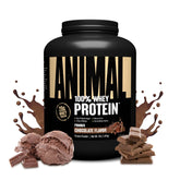 Animal 100% Whey front container showing chocolate flavor and size benefits