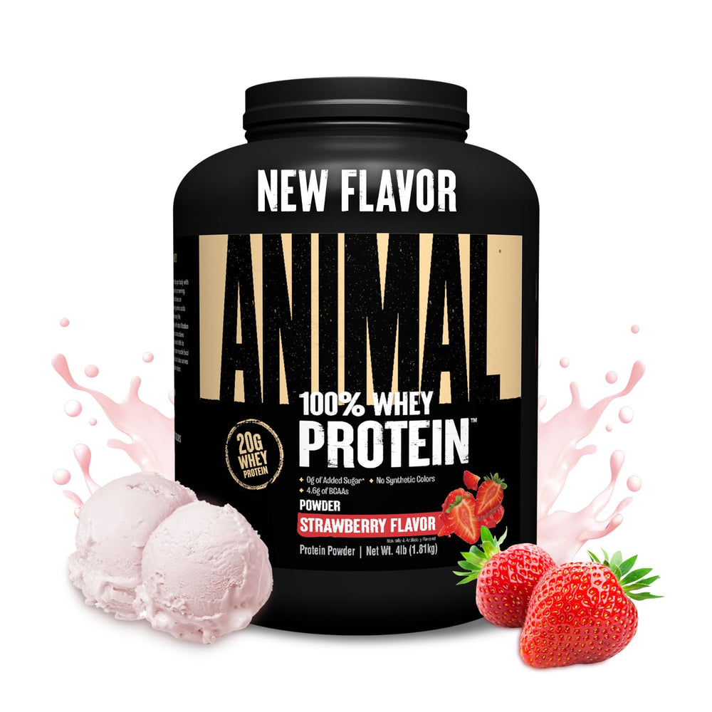 Animal strawberry front packaging showing product and scoop benefits