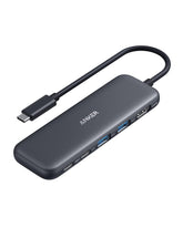 Anker 5-in-1 hub front view showing ports and compact design for workspace expansion