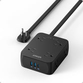 Anker front view of power strip showing outlets and ports for organized power