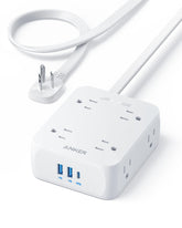 Anker front view of power strip showing outlets and compact design for organized power