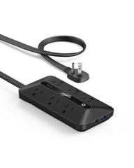 Anker front view of power strip showing all outlets and ports for versatile charging