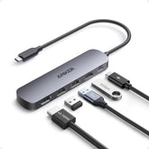 Anker hub front view showing ports and compact design for travel convenience