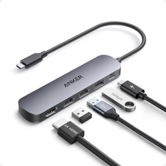 Anker hub front view showing ports and compact design for travel convenience