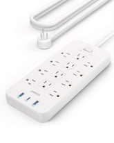 Anker power strip front view showing 12 outlets and USB ports for expanded capacity