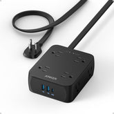 Anker power strip front view showing outlets and USB ports for versatile charging