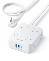 Anker power strip front view showing outlets and compact shape for space-saving
