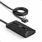 Anker power strip front view showing six AC outlets and four USB ports for versatile charging