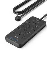 Anker power strip front view showing 12 outlets and compact design for versatile power
