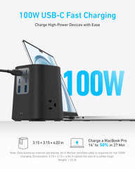 Anker charger in use on a desk powering laptop, phone, and lamp for multi-device convenience