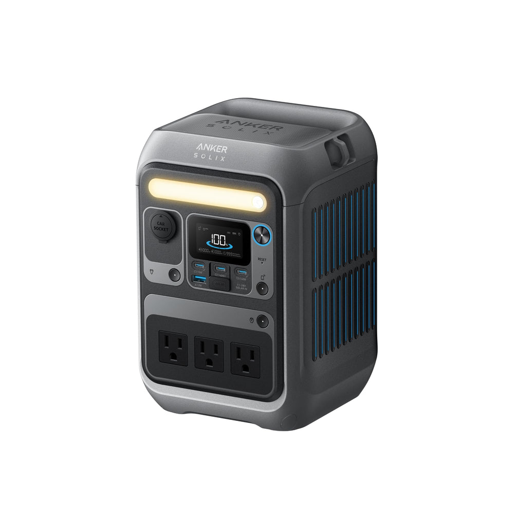 Anker SOLIX C300 front panel showing ports and controls for versatile powering