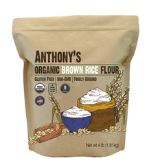 Anthony's front bag view showing 4 lb organic brown rice flour for pantry convenience