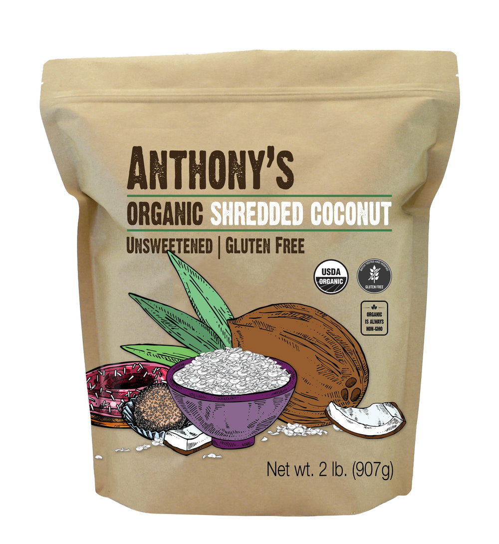Anthony's front packaging showing organic unsweetened shredded coconut and benefits