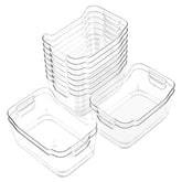 AntStep front view of 12-pack clear bins showing tidy uniform storage and quick access