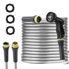 AnyEasy front view of 75ft stainless steel hose showing durable packaging and features