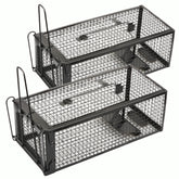 Anyhall front view of both black live traps showing size and ready use benefit