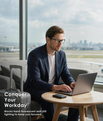 ANYLUV worn at a desk computer demonstrating reduced eye fatigue during work