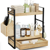 Aollewoiti front view of wooden vanity shelf showing organized bottles and benefits tidy storage