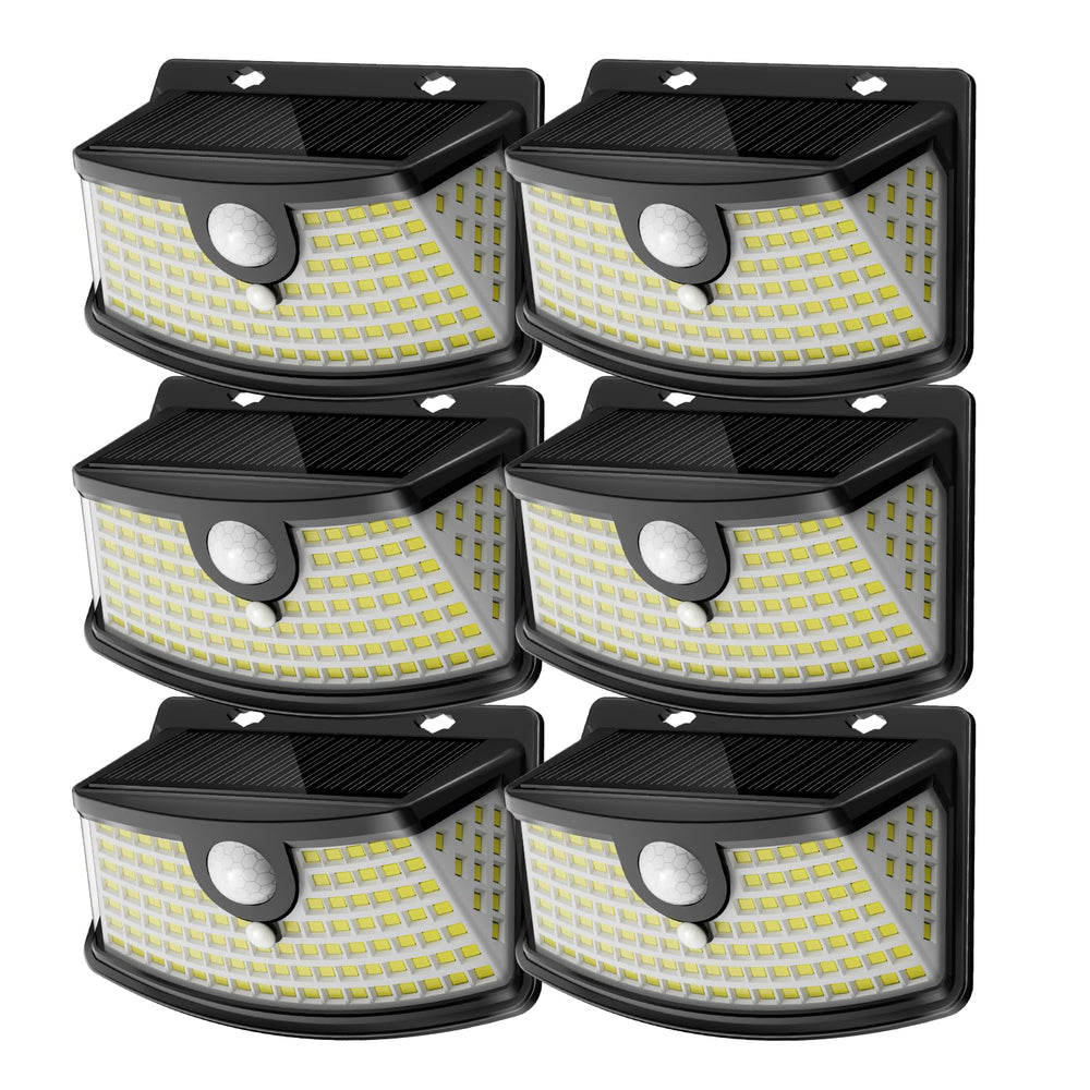 Aootek front view of six solar motion lights showing compact design and benefits