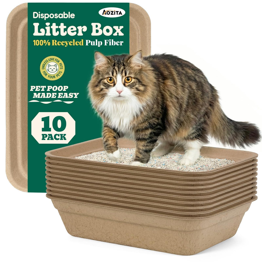 AOZITA front packaging of 10 disposable litter boxes showing convenience