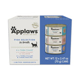 Applaws front packaging fish variety showing three-flavor 12-pack and benefits