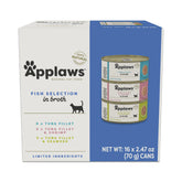 Applaws front packaging of 16-can fish variety highlights natural ingredients