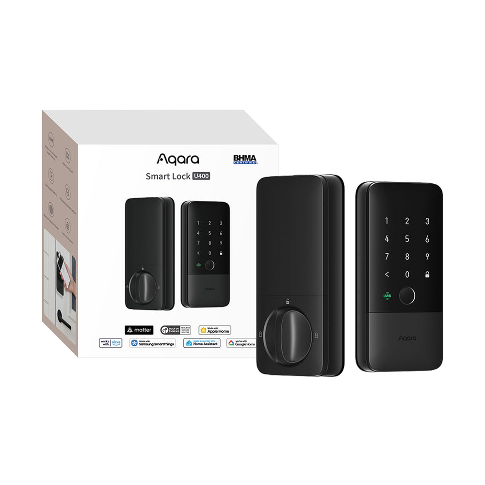 aqara U400 front view showing sleek black finish and secure deadbolt benefit