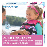 Aqua LEISURE front view of pink Oceans7 kids life jacket showing clear design and safety
