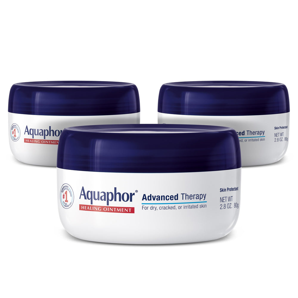 Aquaphor front packaging showing three jars and easy access benefit