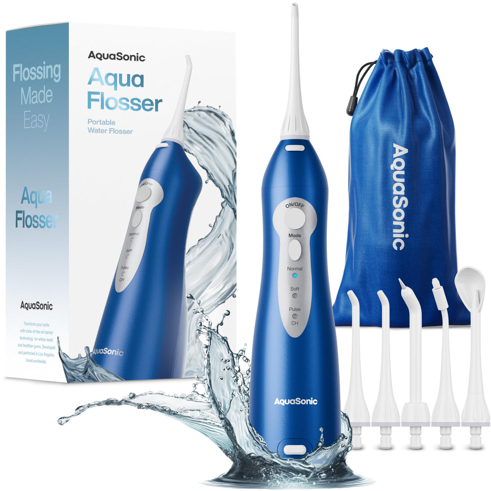AquaSonic Aqua Flosser front view showing controls and sleek body for easy handling