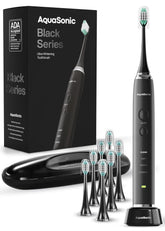 Aquasonic Black Series front view showing sleek handle and buttons, showcasing premium design and control