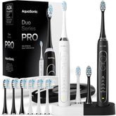 Aquasonic Duo Series PRO front view showing both toothbrush handles and included accessories for complete care