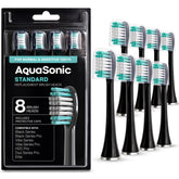 AquaSonic front packaging of eight black replacement heads showing value