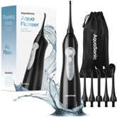 Aquasonic front view showing sleek cordless flosser and benefits of targeted cleaning