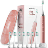 Aquasonic satin rose gold toothbrush front view showing sleek design and easy grip benefit