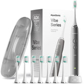 Aquasonic front view of charcoal metallic toothbrush showing sleek body and benefit of modern design
