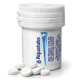Aquatabs front packaging showing brand and 100-pack, ready for emergencies