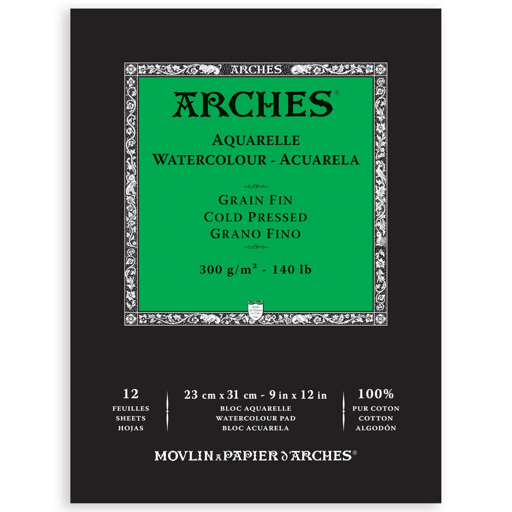 Arches cold press pad front cover showing size and brand, professional quality