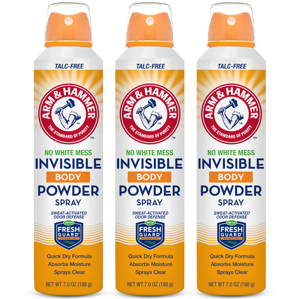 Arm & Hammer front packaging showing clear talc-free spray benefit