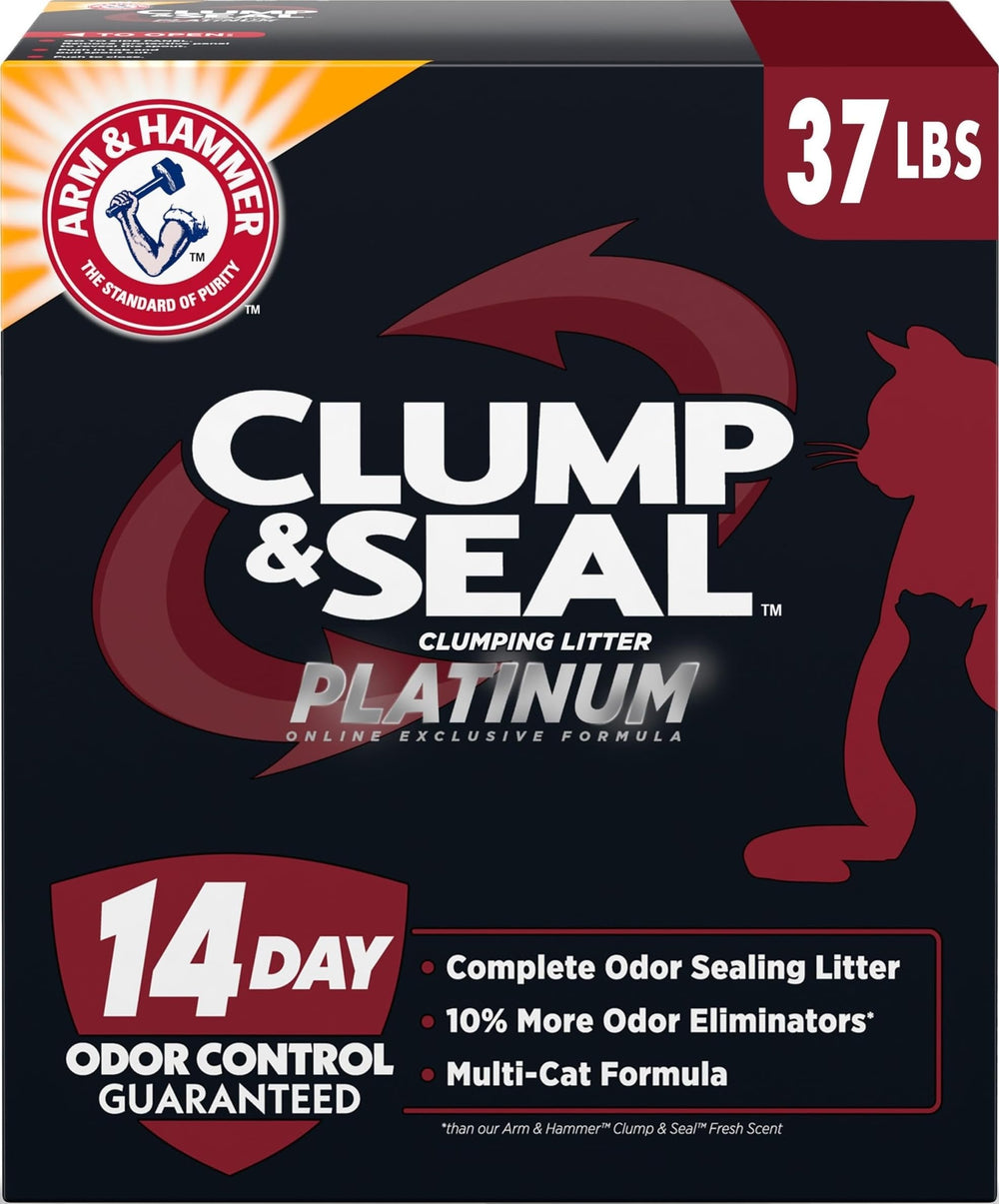 Arm & Hammer front packaging showing 37 lb Platinum bag and benefits