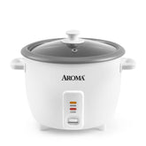 AROMA front view of ARC-368NG rice cooker showing compact design and white finish benefits easy storage