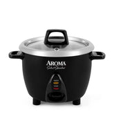 AROMA front view of black ARC-753SGB cooker showing compact design and user-friendly button