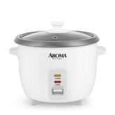 AROMA front view of compact rice cooker showing controls and white finish for ease