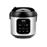 AROMA front view showing stainless exterior and steam tray, clear space-saving benefit