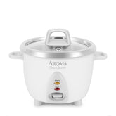 AROMA front view rice cooker showing white housing and compact design for space saving
