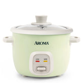 AROMA mini rice cooker front view showing compact light green design and quick cooking benefit