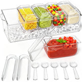 ARSTPEOE front view showing five-compartment chilled tray and lids, organized presentation benefit